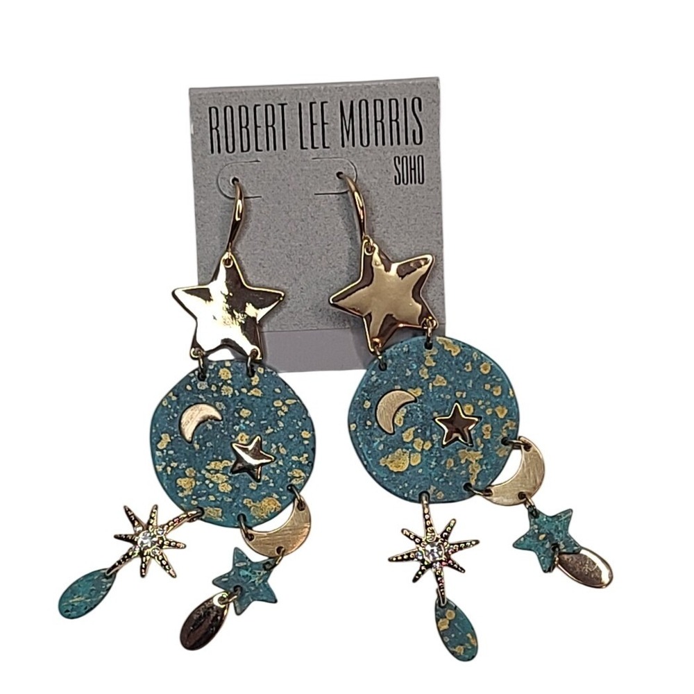 Robert Lee Morris Soho‎ Celestial Star Moon Dangle Earrings Teal Gold